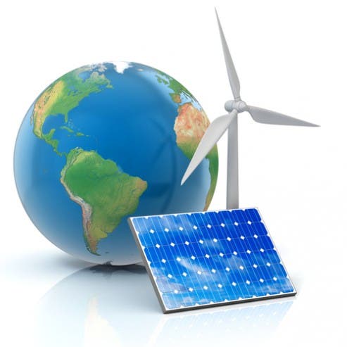 Solar panel, wind turbine & globe via Shutterstock