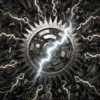 DALL·E generated image of a big flywheel with lots of inertia and lightning bolts, digital art