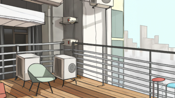 DALL·E generated image of a condo building balcony with a heat pump, digital art