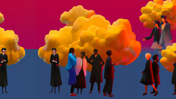 DALL·E generated image of a diverse group of people meeting on a reddish tinged cloud, digital art