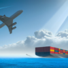 DALL·E generated image of an airplane flying over a container ship on a sunny day, digital art