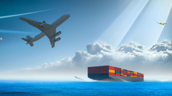 DALL·E generated image of an airplane flying over a container ship on a sunny day, digital art