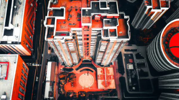 DALL·E generated view of a downtown 19 story condo building in vancouver from above with reddish heat tones, digital art